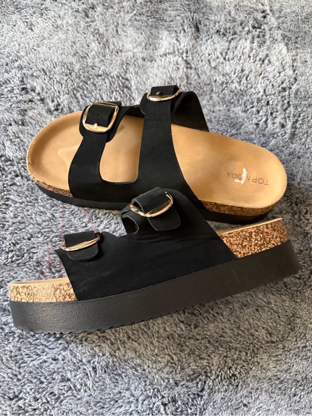 TOP Moda Black Slide Sandals with Gold Buckles